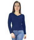 Blusa Feminina Longa Gola V Segunda Pele Básica Tshirt Azul Escuro